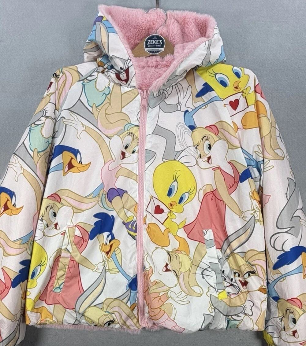 Members Only Looney Tunes Reversible Hooded Faux Fur Jacket Womens XL Pink